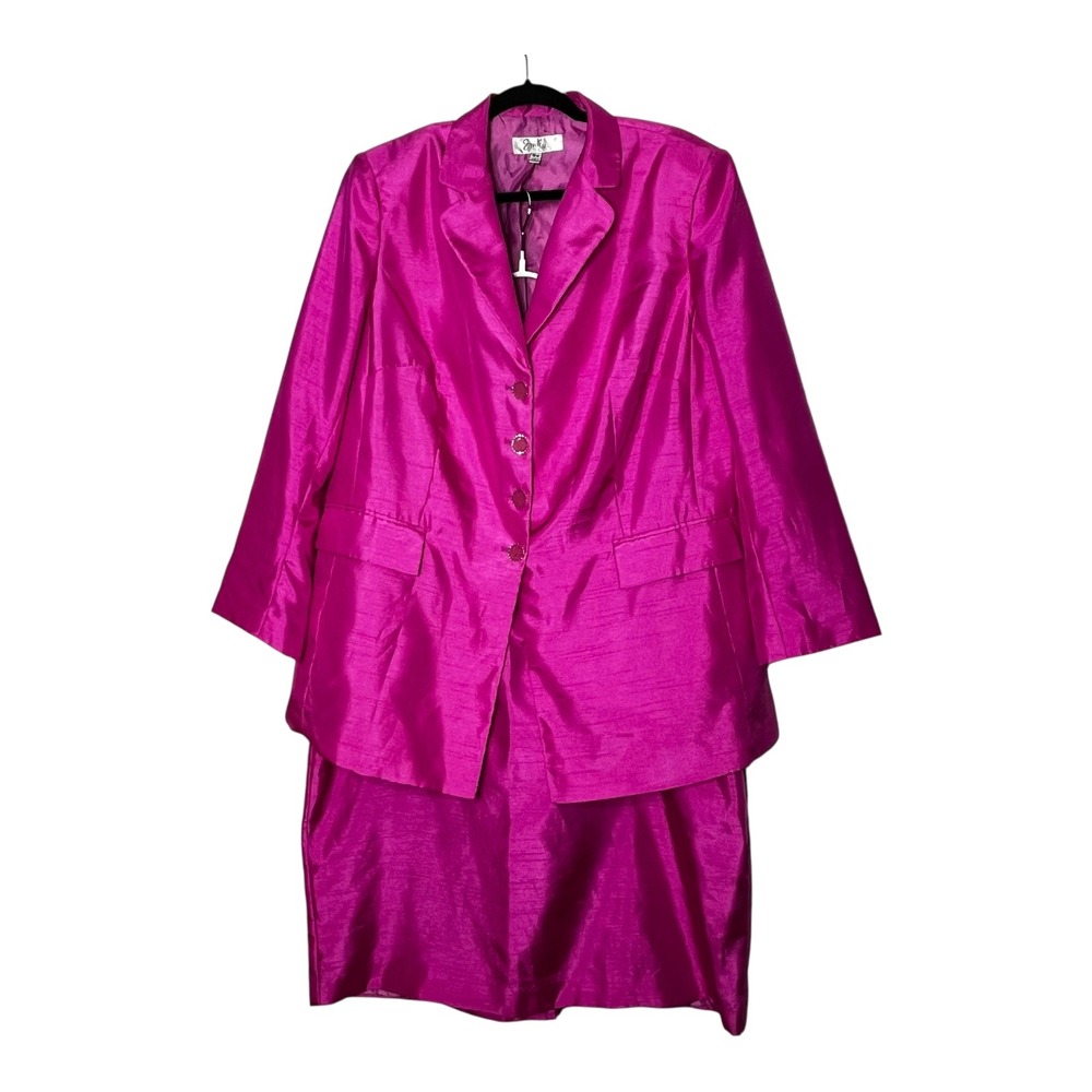 Emily Womens Magenta Pink Skirt Suit Set Rhinestone Buttons Plus Size 18W